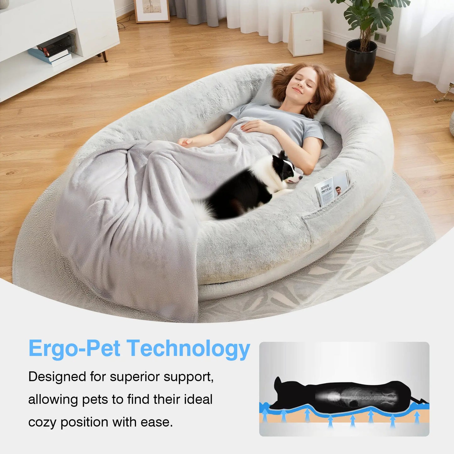 Extra Large Orthopedic Faux Fur Dog Bed for Adults and Pets - Cozy Lounger with Pillow and Blanket, Washable Nap Bed, Ideal for Senior or Disabled Dog Recovery, Perfect Gift for Pet Lovers