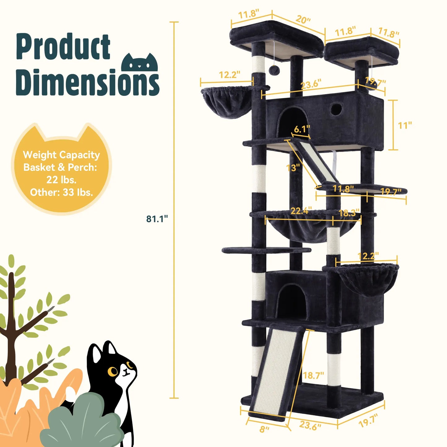 HOOMIC 81-Inch Large Cat Tree Tower with Multi-Level Climbing Structure, Condo, Hammock, and Scratching Post - Ideal for Larger Cats in Various Colors