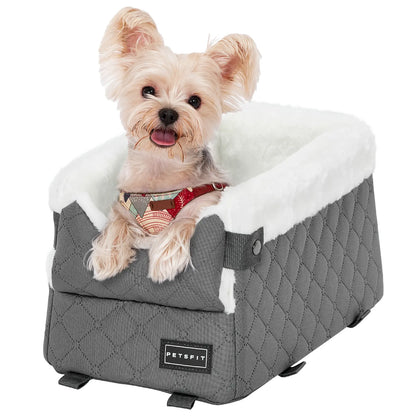 PETSFIT Center Console Dog Car Seat with Enhanced Safety Features, Washable Cushion, and 5-Year Warranty for Small Dogs up to 8 lbs (Grey)