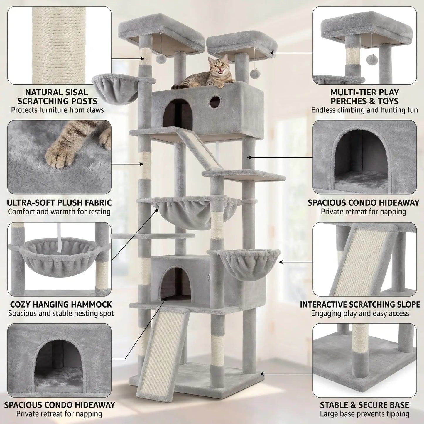 HOOMIC 81-Inch Large Cat Tree Tower with Multi-Level Climbing Structure, Condo, Hammock, and Scratching Post - Ideal for Larger Cats in Various Colors