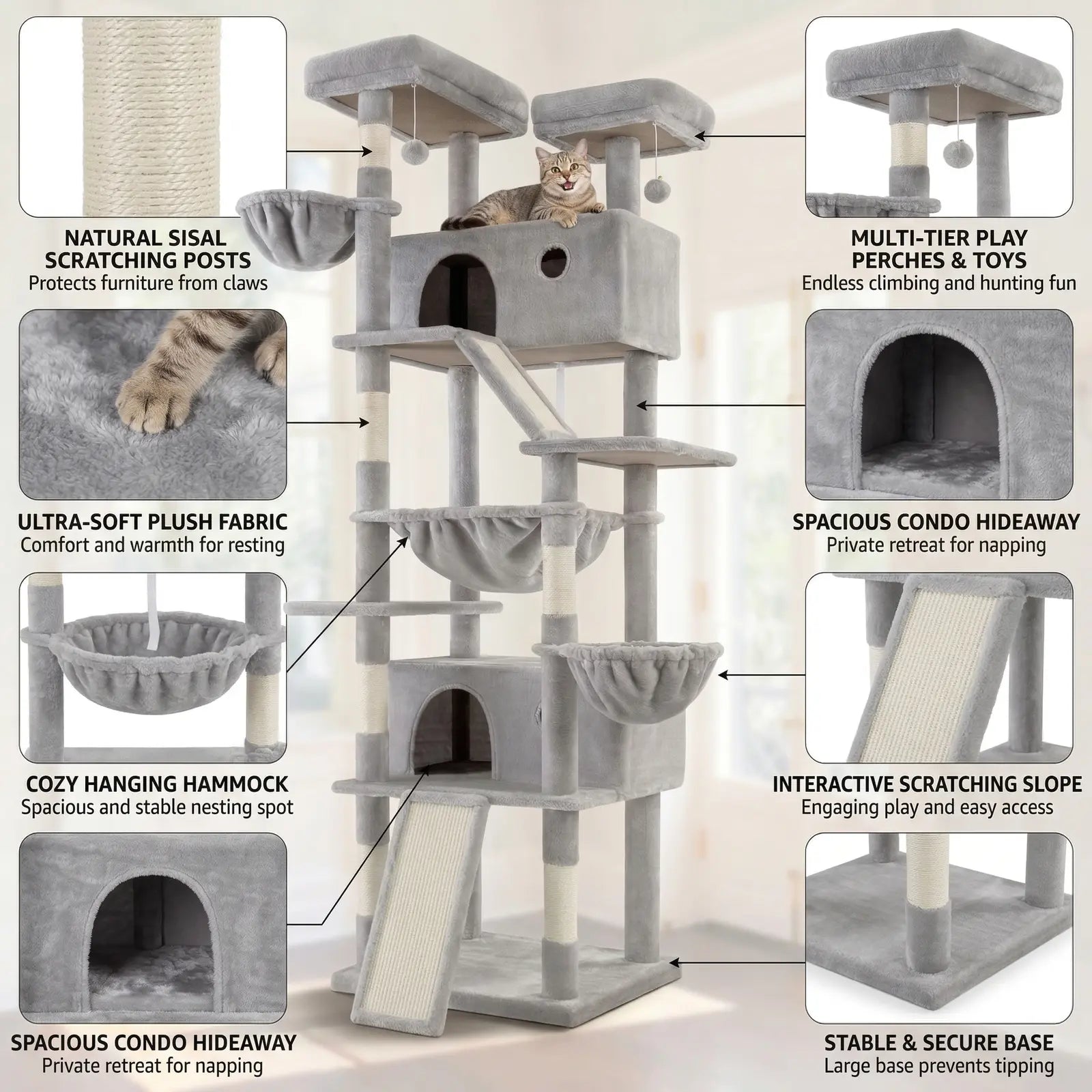 HOOMIC 81-Inch Large Cat Tree Tower with Multi-Level Climbing Structure, Condo, Hammock, and Scratching Post - Ideal for Larger Cats in Various Colors