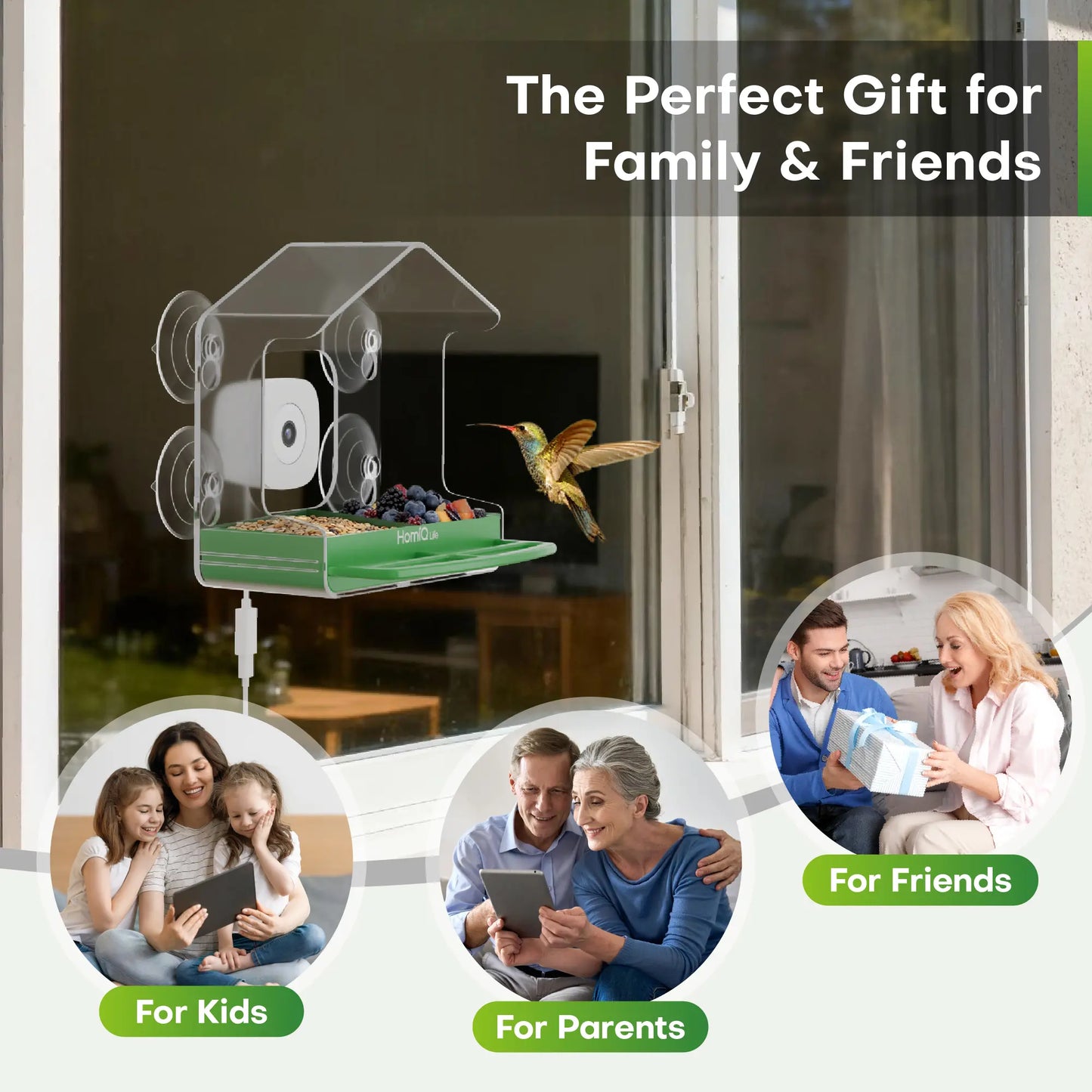 Homiq Life Smart Window Bird Feeder with 2K HD Camera, AI Species Recognition, and Instant Alerts - Durable Acrylic Design, Ideal Gift for Children and Bird Enthusiasts