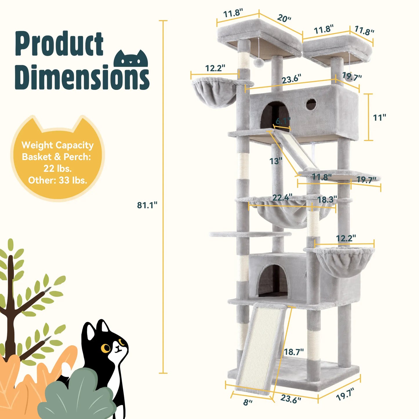 HOOMIC 81-Inch Large Cat Tree Tower with Multi-Level Climbing Structure, Condo, Hammock, and Scratching Post - Ideal for Larger Cats in Various Colors