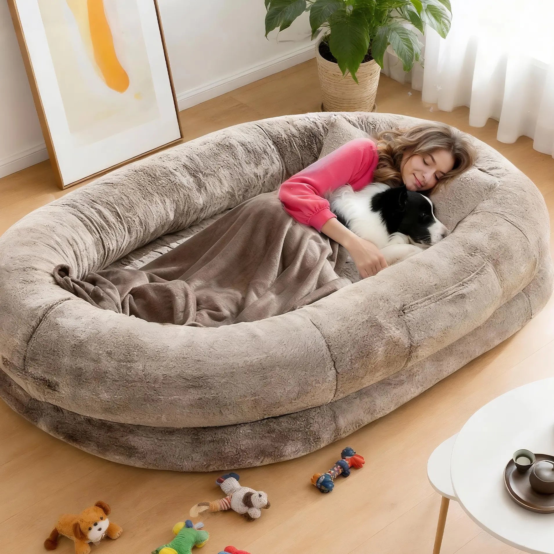 Extra Large Orthopedic Faux Fur Dog Bed for Adults and Pets - Cozy Lounger with Pillow and Blanket, Washable Nap Bed, Ideal for Senior or Disabled Dog Recovery, Perfect Gift for Pet Lovers