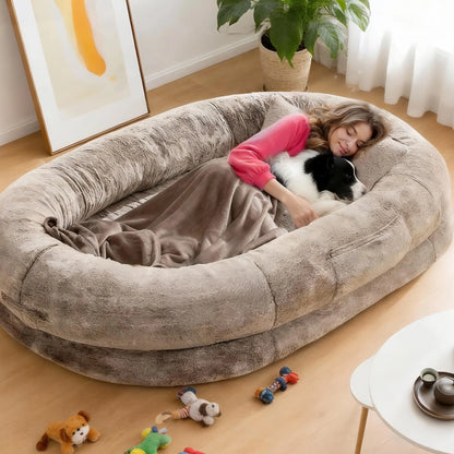 Extra Large Orthopedic Faux Fur Dog Bed for Adults and Pets - Cozy Lounger with Pillow and Blanket, Washable Nap Bed, Ideal for Senior or Disabled Dog Recovery, Perfect Gift for Pet Lovers