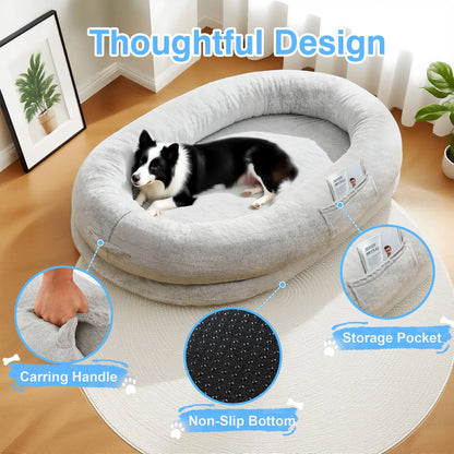 Extra Large Orthopedic Faux Fur Dog Bed for Adults and Pets - Cozy Lounger with Pillow and Blanket, Washable Nap Bed, Ideal for Senior or Disabled Dog Recovery, Perfect Gift for Pet Lovers