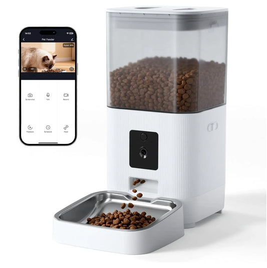 Smart Automatic Pet Feeder with HD Camera, 5G Wi-Fi App Control, Two-Way Audio, Night Vision, and Portion Scheduling for Cats and Dogs with Stainless Steel Bowl