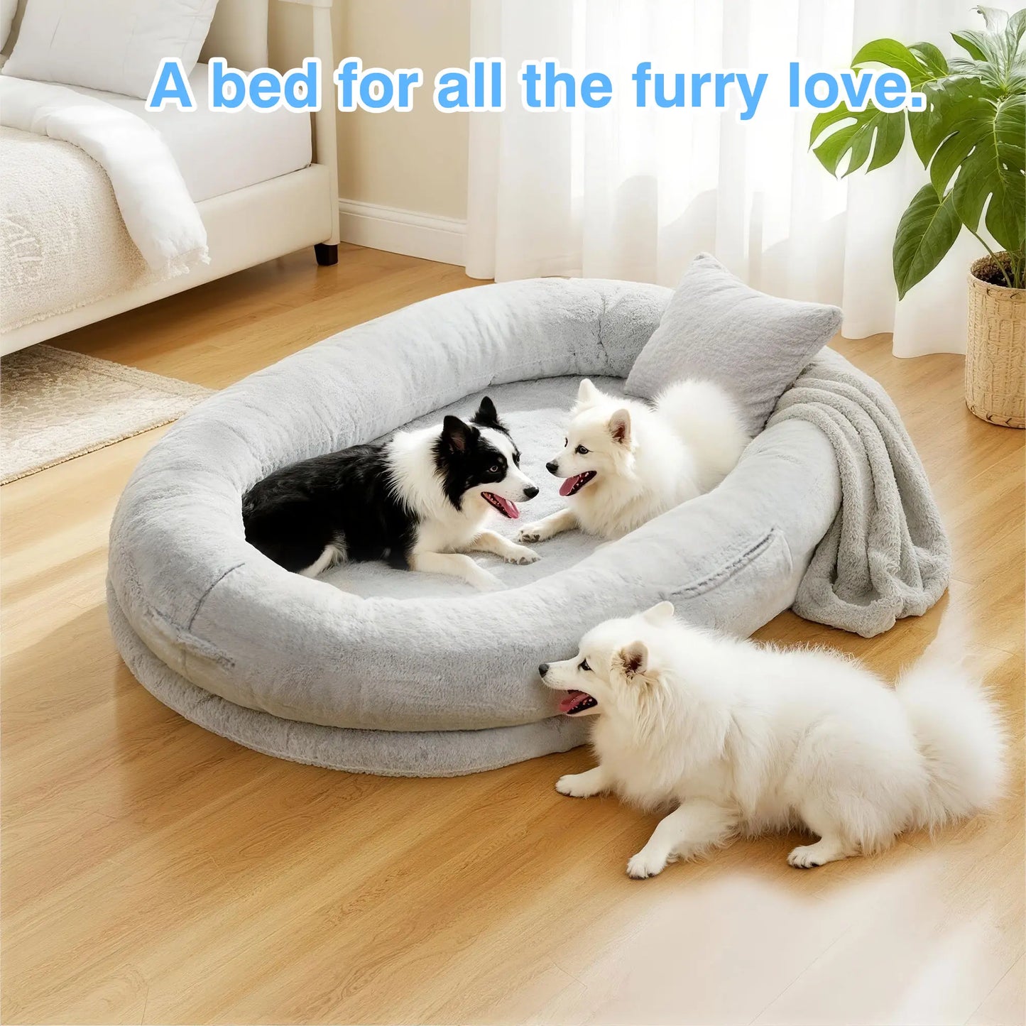 Extra Large Orthopedic Faux Fur Dog Bed for Adults and Pets - Cozy Lounger with Pillow and Blanket, Washable Nap Bed, Ideal for Senior or Disabled Dog Recovery, Perfect Gift for Pet Lovers