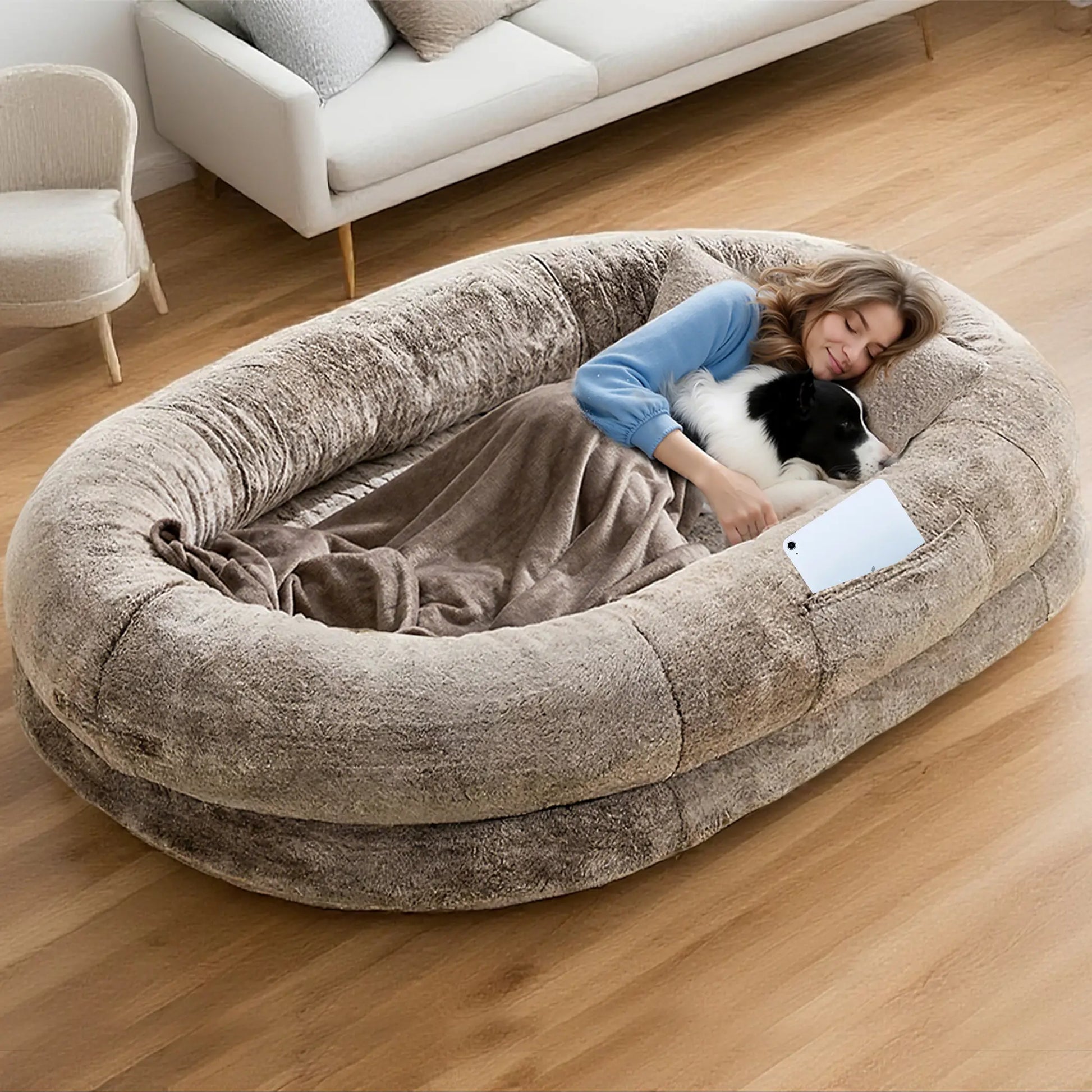 Extra Large Orthopedic Faux Fur Dog Bed for Adults and Pets - Cozy Lounger with Pillow and Blanket, Washable Nap Bed, Ideal for Senior or Disabled Dog Recovery, Perfect Gift for Pet Lovers