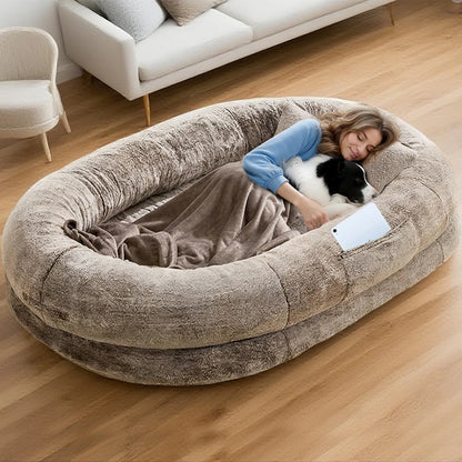 Extra Large Orthopedic Faux Fur Dog Bed for Adults and Pets - Cozy Lounger with Pillow and Blanket, Washable Nap Bed, Ideal for Senior or Disabled Dog Recovery, Perfect Gift for Pet Lovers