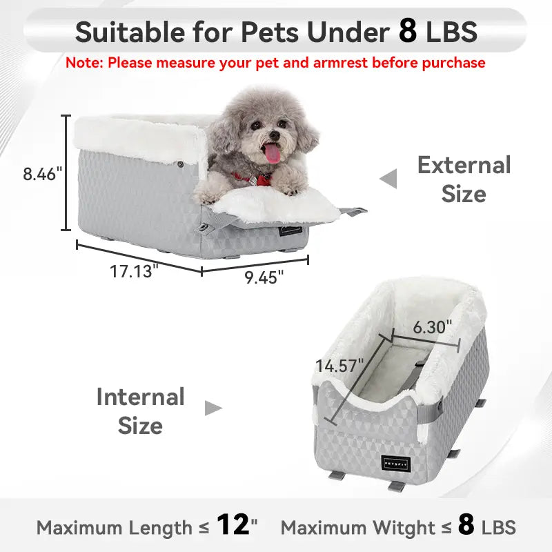 PETSFIT Center Console Dog Car Seat with Enhanced Safety Features, Washable Cushion, and 5-Year Warranty for Small Dogs up to 8 lbs (Grey)