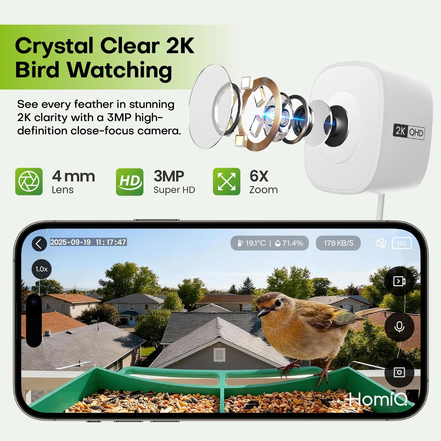 Homiq Life Smart Window Bird Feeder with 2K HD Camera, AI Species Recognition, and Instant Alerts - Durable Acrylic Design, Ideal Gift for Children and Bird Enthusiasts