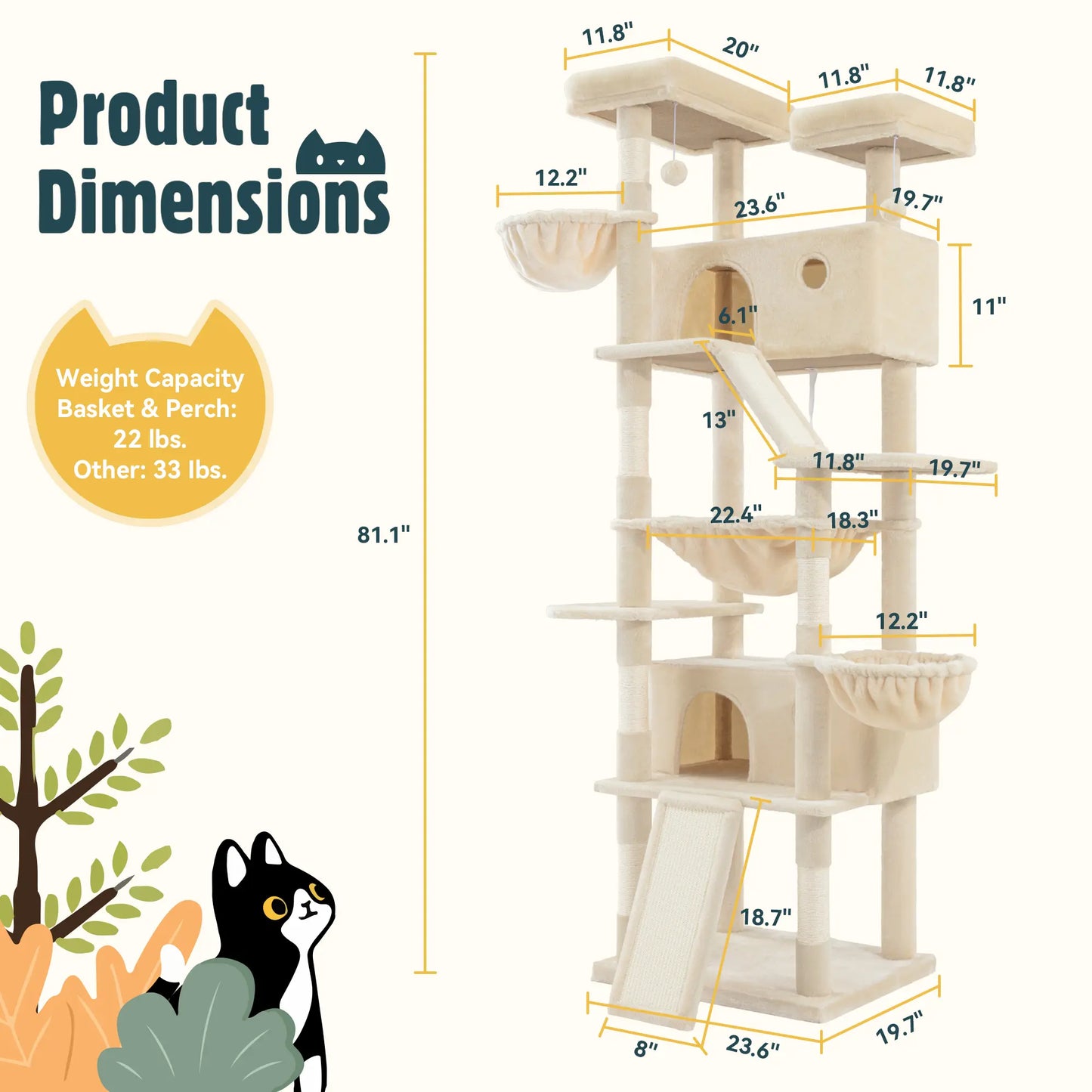 HOOMIC 81-Inch Large Cat Tree Tower with Multi-Level Climbing Structure, Condo, Hammock, and Scratching Post - Ideal for Larger Cats in Various Colors