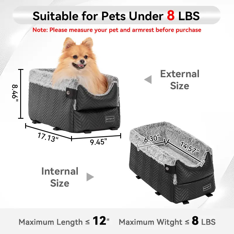 PETSFIT Center Console Dog Car Seat with Enhanced Safety Features, Washable Cushion, and 5-Year Warranty for Small Dogs up to 8 lbs (Grey)