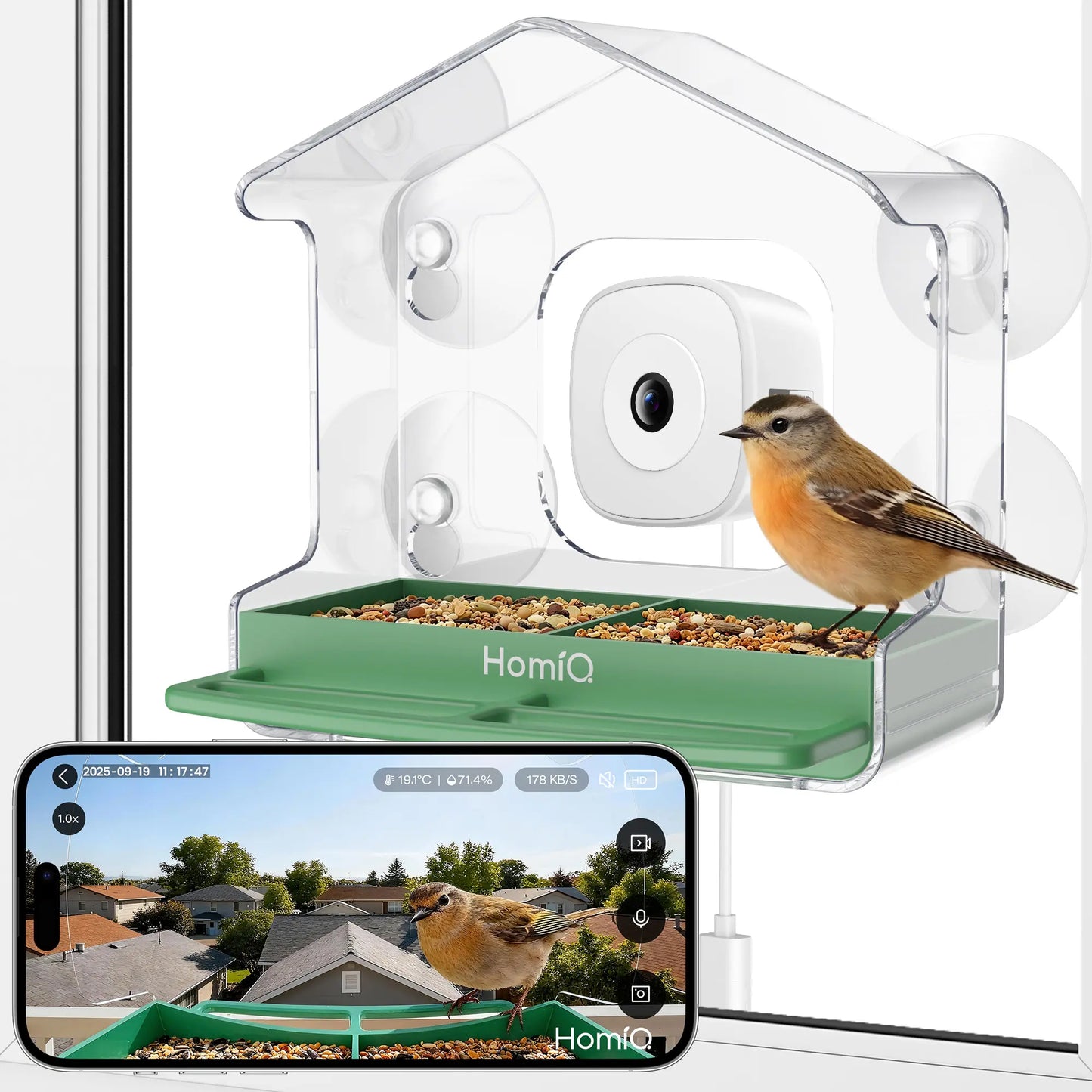 Homiq Life Smart Window Bird Feeder with 2K HD Camera, AI Species Recognition, and Instant Alerts - Durable Acrylic Design, Ideal Gift for Children and Bird Enthusiasts
