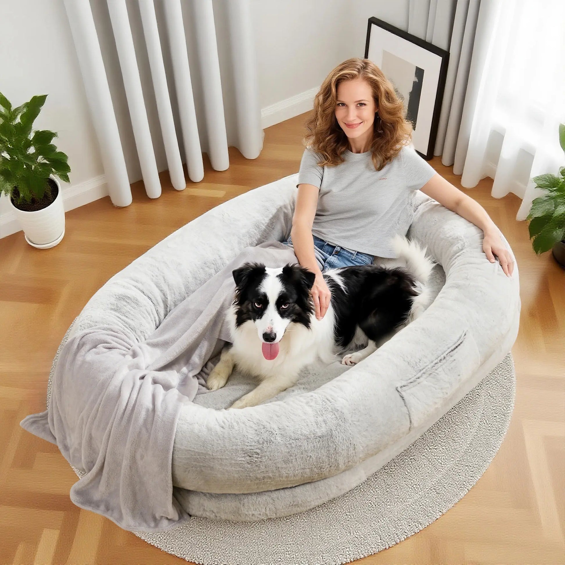 Extra Large Orthopedic Faux Fur Dog Bed for Adults and Pets - Cozy Lounger with Pillow and Blanket, Washable Nap Bed, Ideal for Senior or Disabled Dog Recovery, Perfect Gift for Pet Lovers