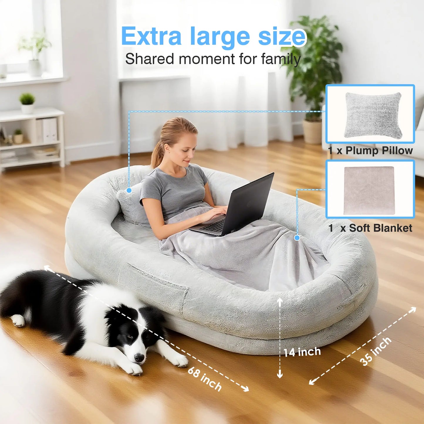 Extra Large Orthopedic Faux Fur Dog Bed for Adults and Pets - Cozy Lounger with Pillow and Blanket, Washable Nap Bed, Ideal for Senior or Disabled Dog Recovery, Perfect Gift for Pet Lovers