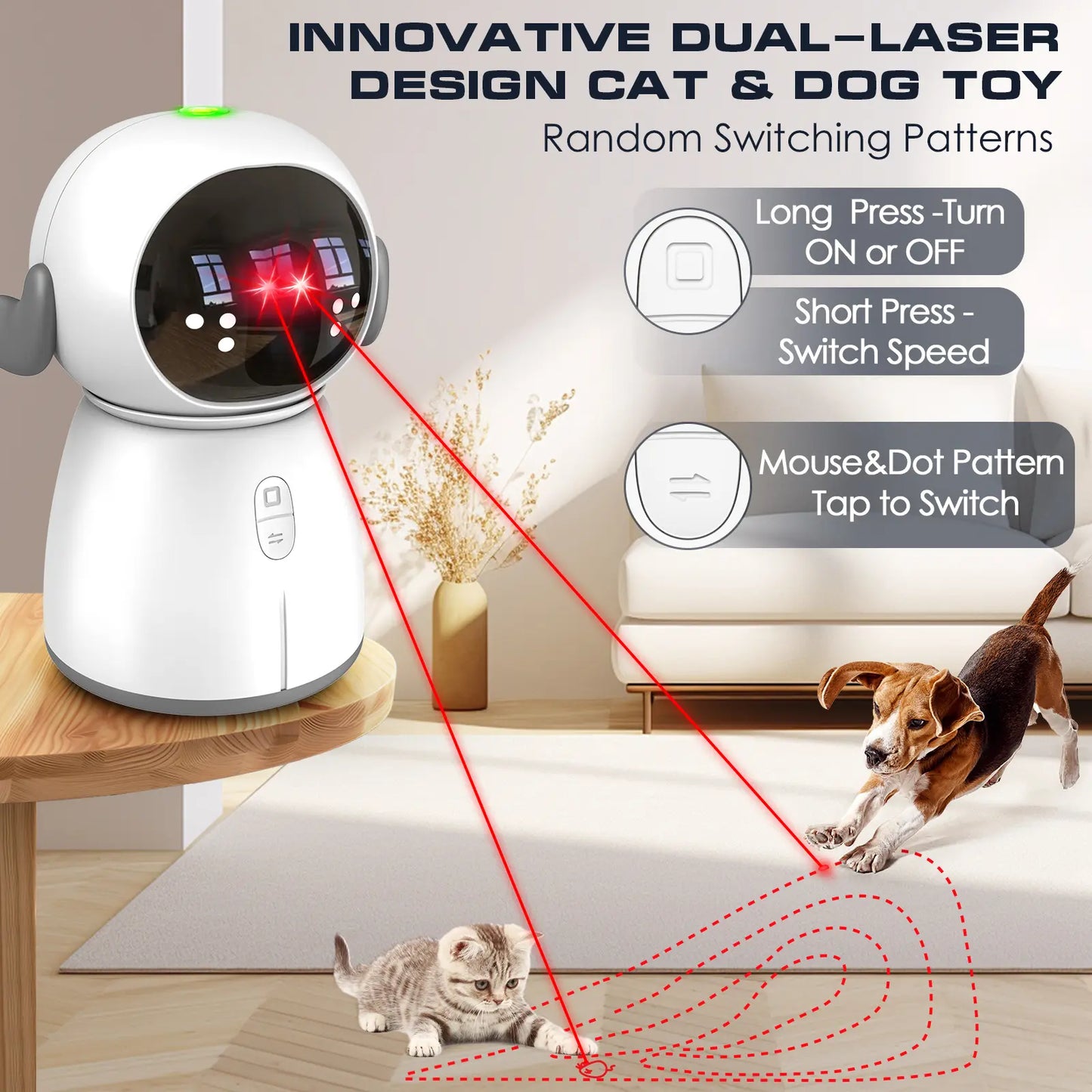 Interactive Cat Laser Toy 2026 for Indoor Use - Motion Activated, Rechargeable, Automatic Play with Dual Patterns and Adjustable Angle for Enhanced Exercise for Multiple Pets