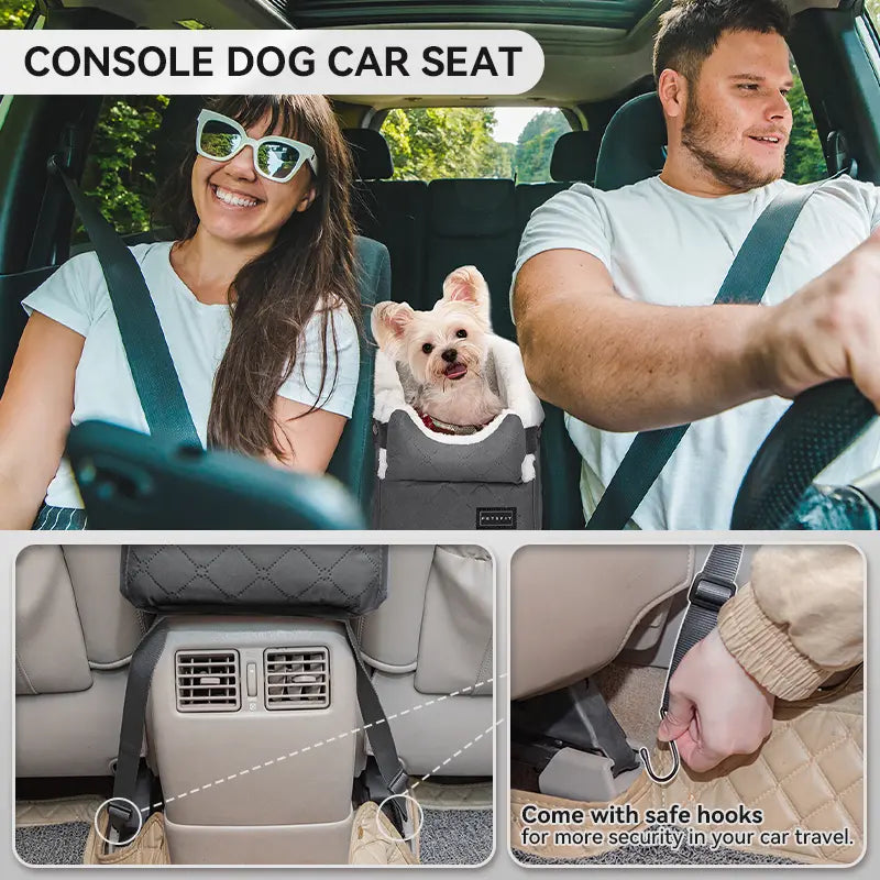 PETSFIT Center Console Dog Car Seat with Enhanced Safety Features, Washable Cushion, and 5-Year Warranty for Small Dogs up to 8 lbs (Grey)